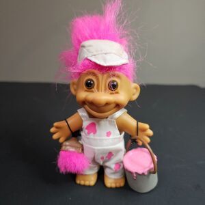Vtg 5" Russ Troll Doll Pink House Painter Brush Bucket
